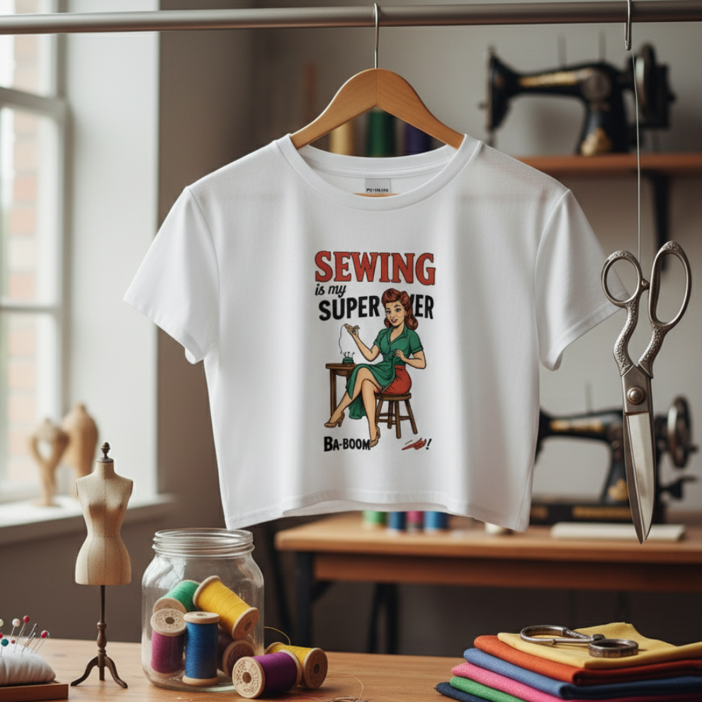 Crop Top de Costura para Mujer - Camiseta Corta Retro         "Sewing is my superpower"
