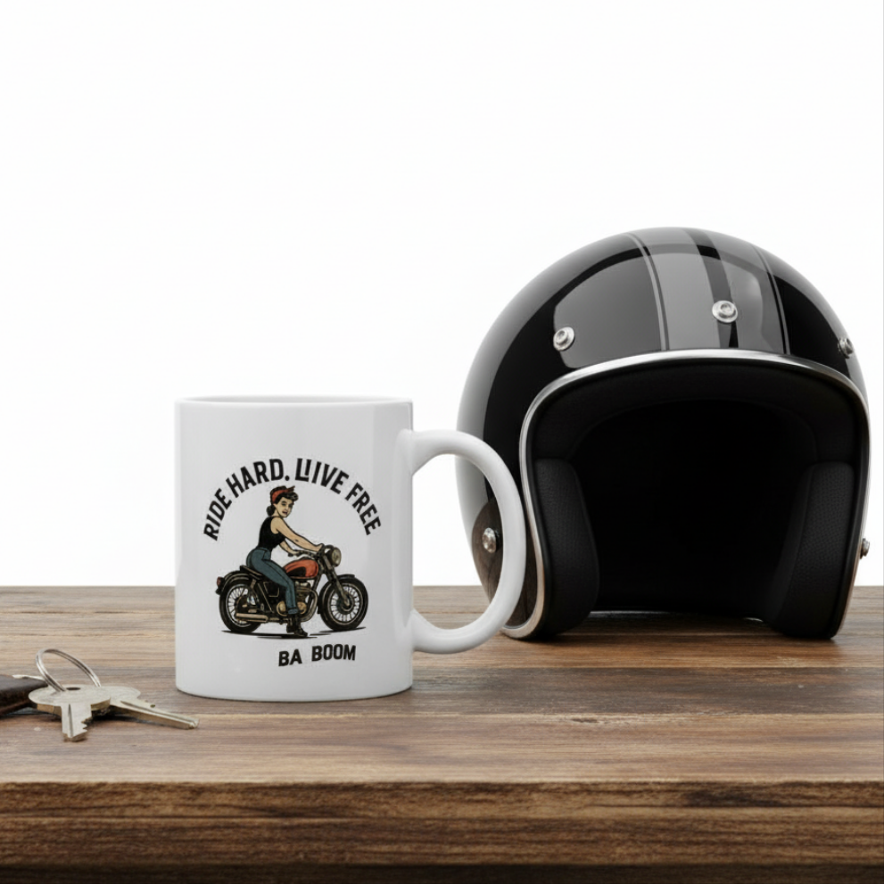 Taza de Cerámica Motera Vintage - Regalo para Mujer Pin Up "Ride Hard Live Free"