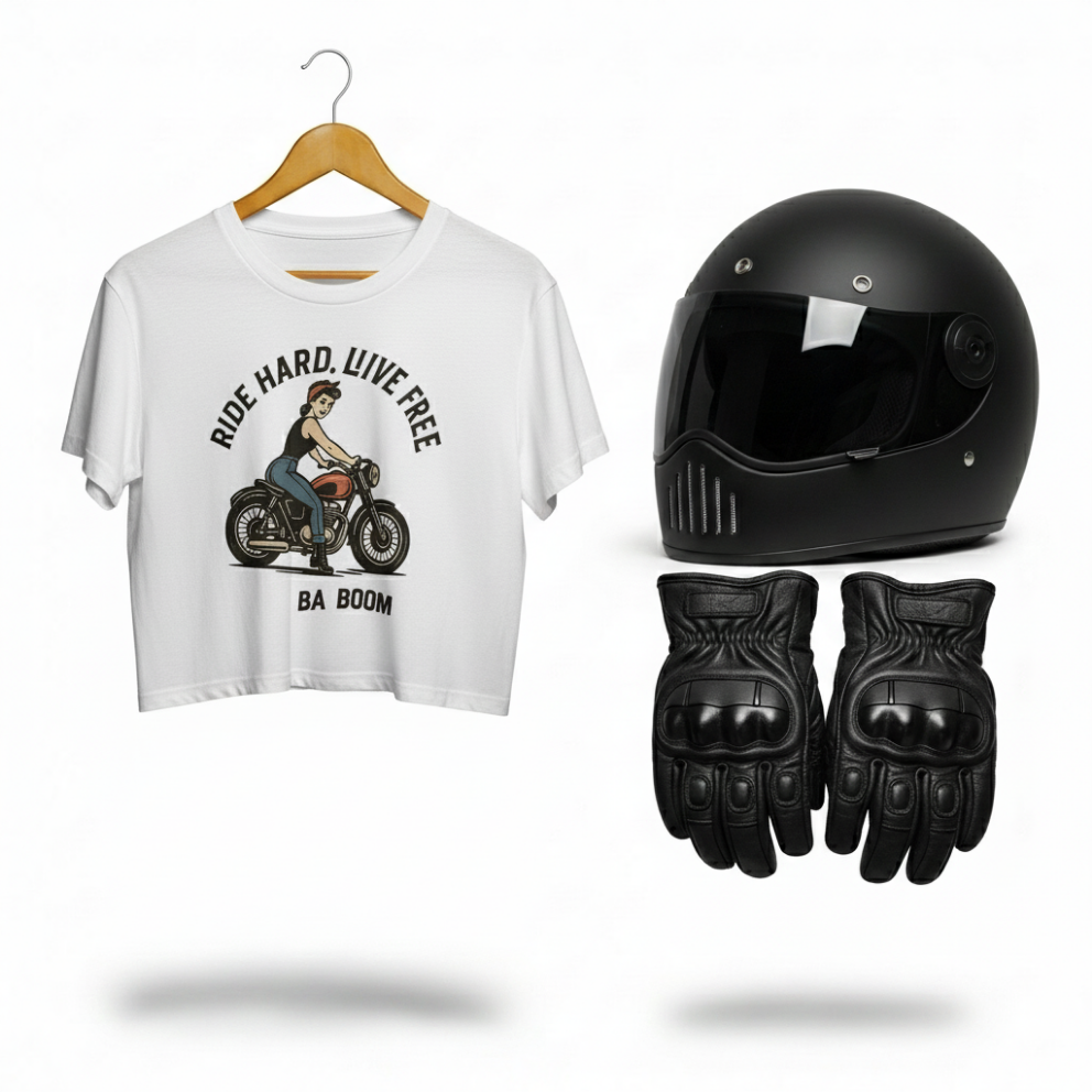 Crop Top Motera para Mujer - Camiseta Corta Retro Pin Up "Ride Hard Live Free"