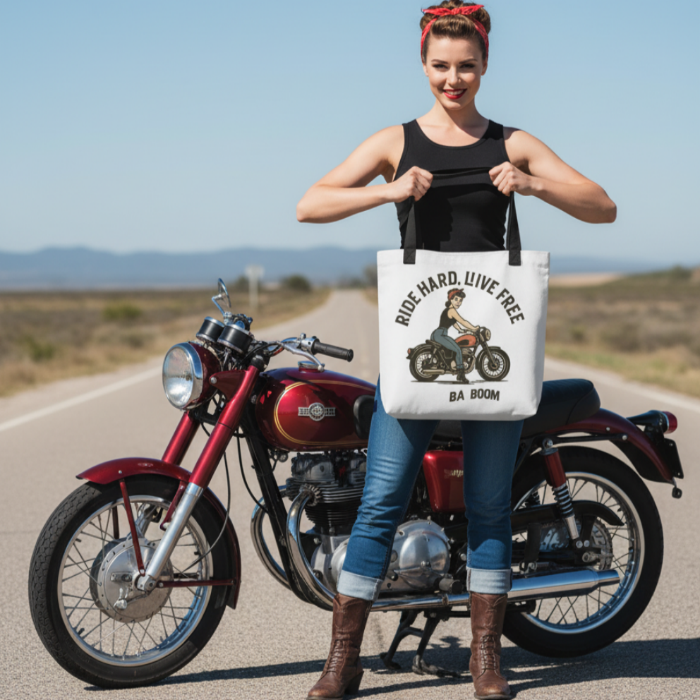 Bolso Tote Motera Retro                                        - Estilo Pin Up                             "Ride Hard Live Free"
