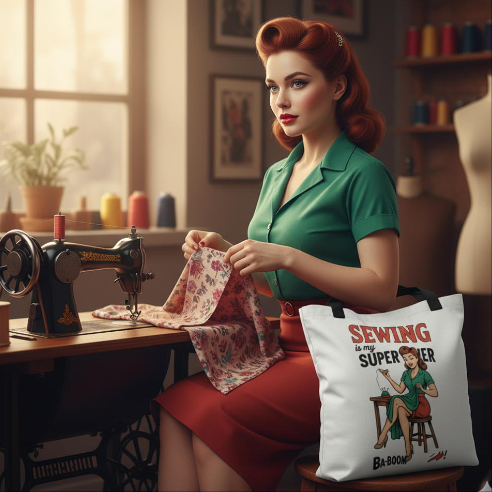 Bolso Tote para Costura y Labores - Bolsa de Tela Pin Up "Sewing is my superpower"