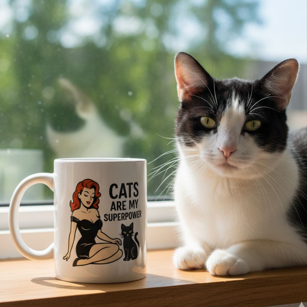 Taza de Cerámica Gato Vintage   - Regalo Original Pin Up          "Cats Are My Superpower"