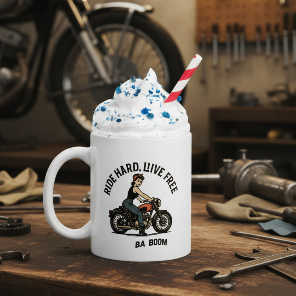 Taza de Cerámica Motera Vintage - Regalo para Mujer Pin Up "Ride Hard Live Free"