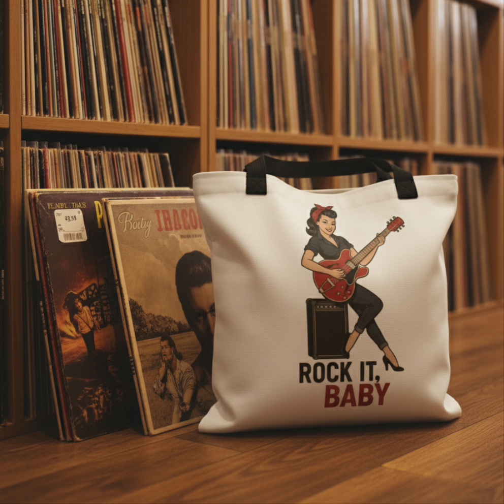 Bolso Tote Rockero para Discos y Música - Estilo Pin Up             "Rock It, Baby"