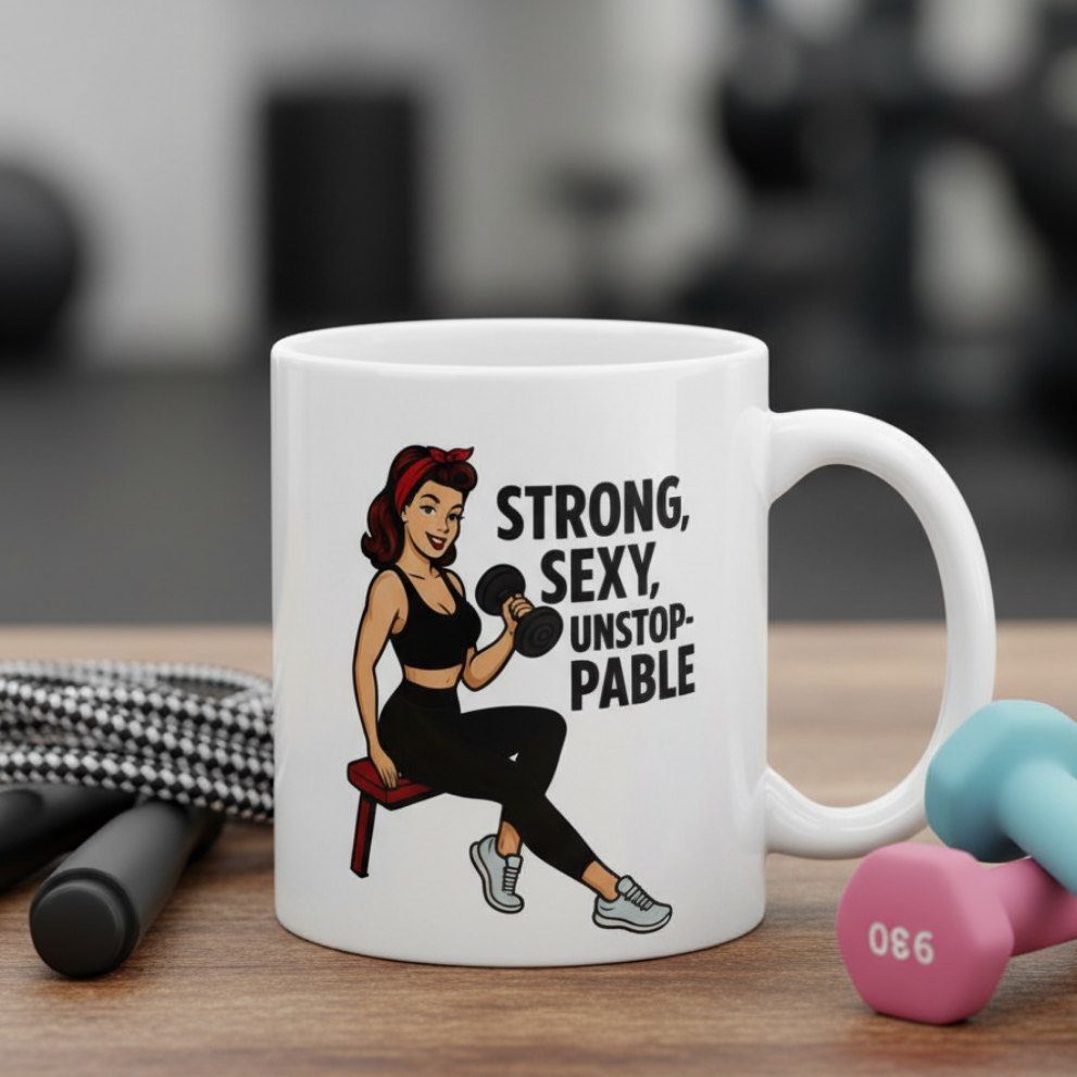 Taza de Cerámica Fitness - Diseño Pin Up                     "Strong, Sexy, Unstoppable"