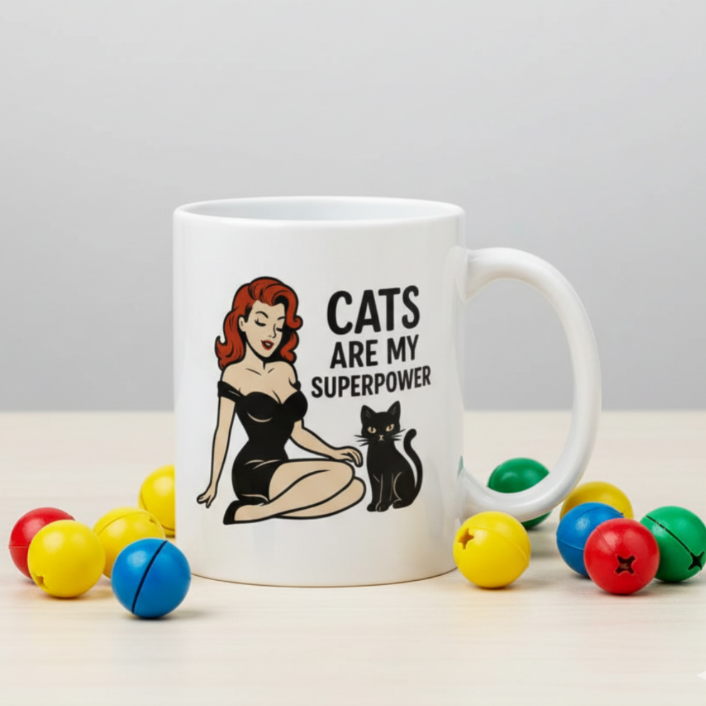 Taza de Cerámica Gato Vintage   - Regalo Original Pin Up          "Cats Are My Superpower"