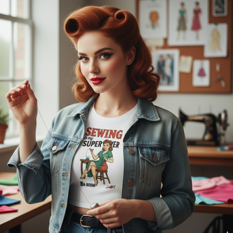 Crop Top de Costura para Mujer - Camiseta Corta Retro         "Sewing is my superpower"