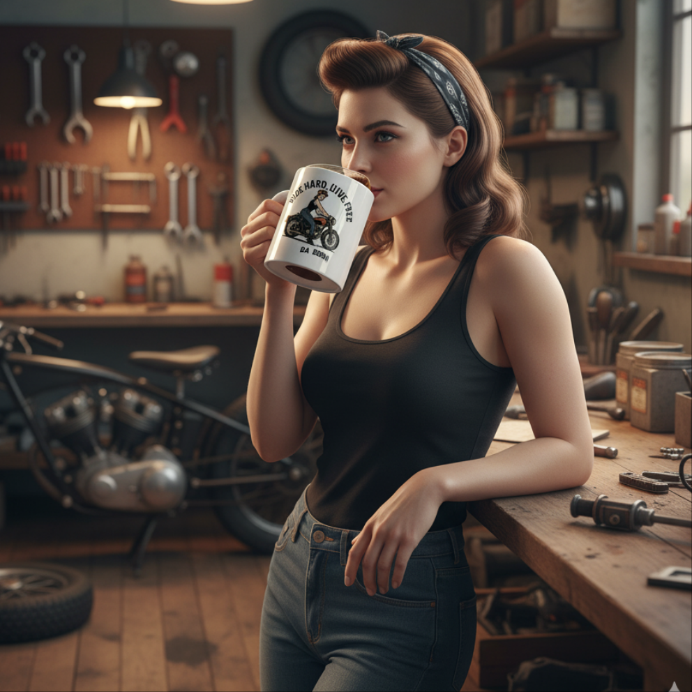 Taza de Cerámica Motera Vintage - Regalo para Mujer Pin Up "Ride Hard Live Free"