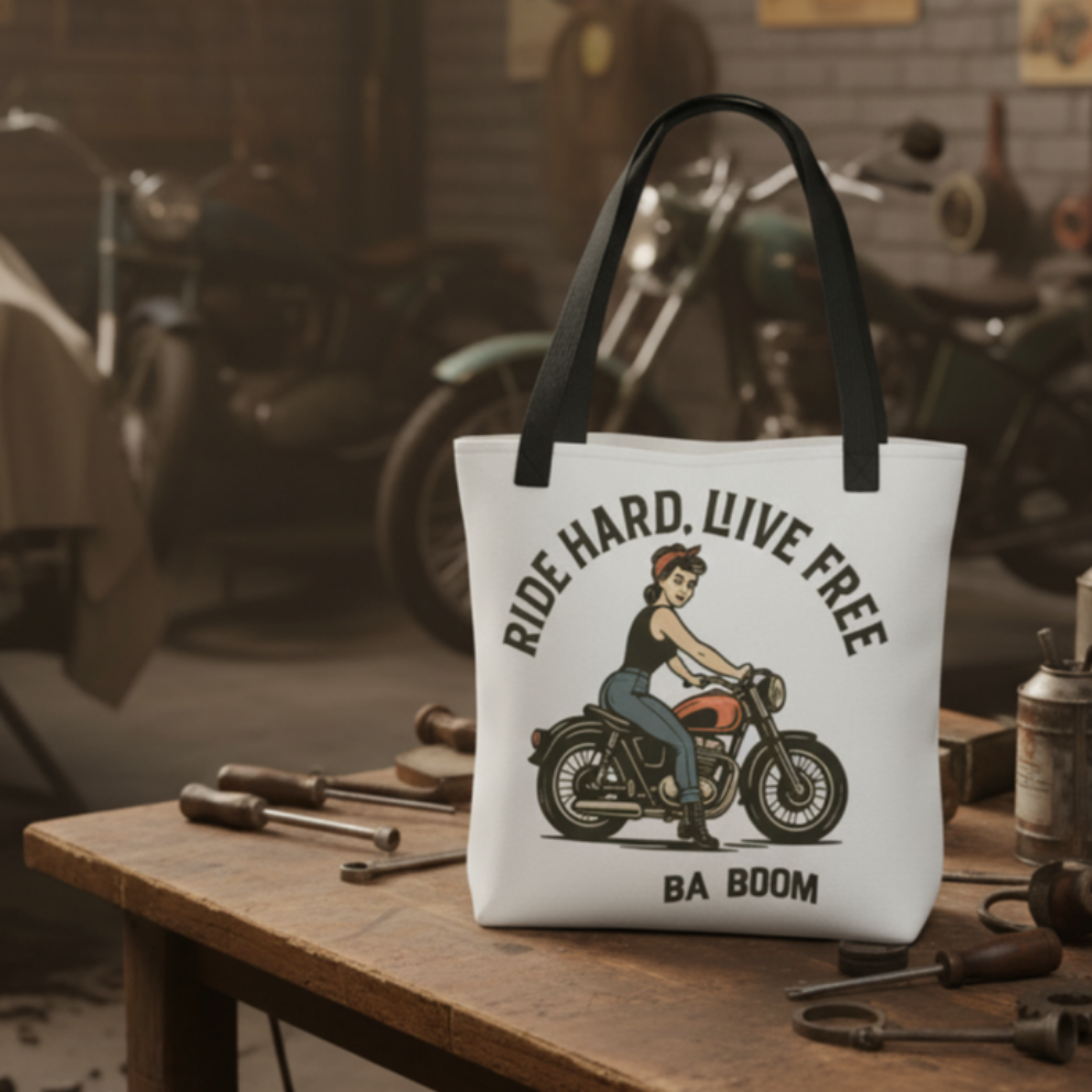 Bolso Tote Motera Retro                                        - Estilo Pin Up                             "Ride Hard Live Free"