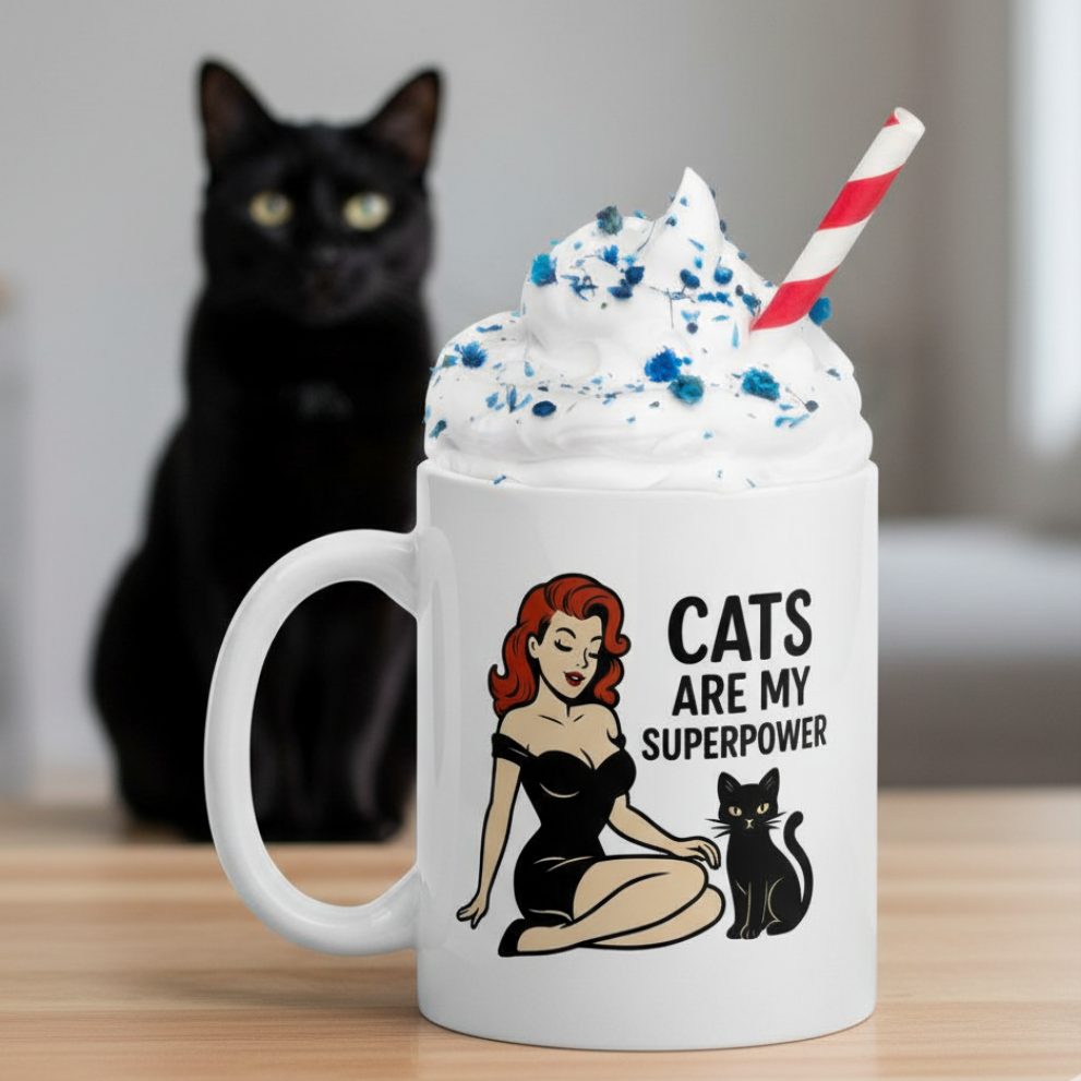 Taza de Cerámica Gato Vintage   - Regalo Original Pin Up          "Cats Are My Superpower"