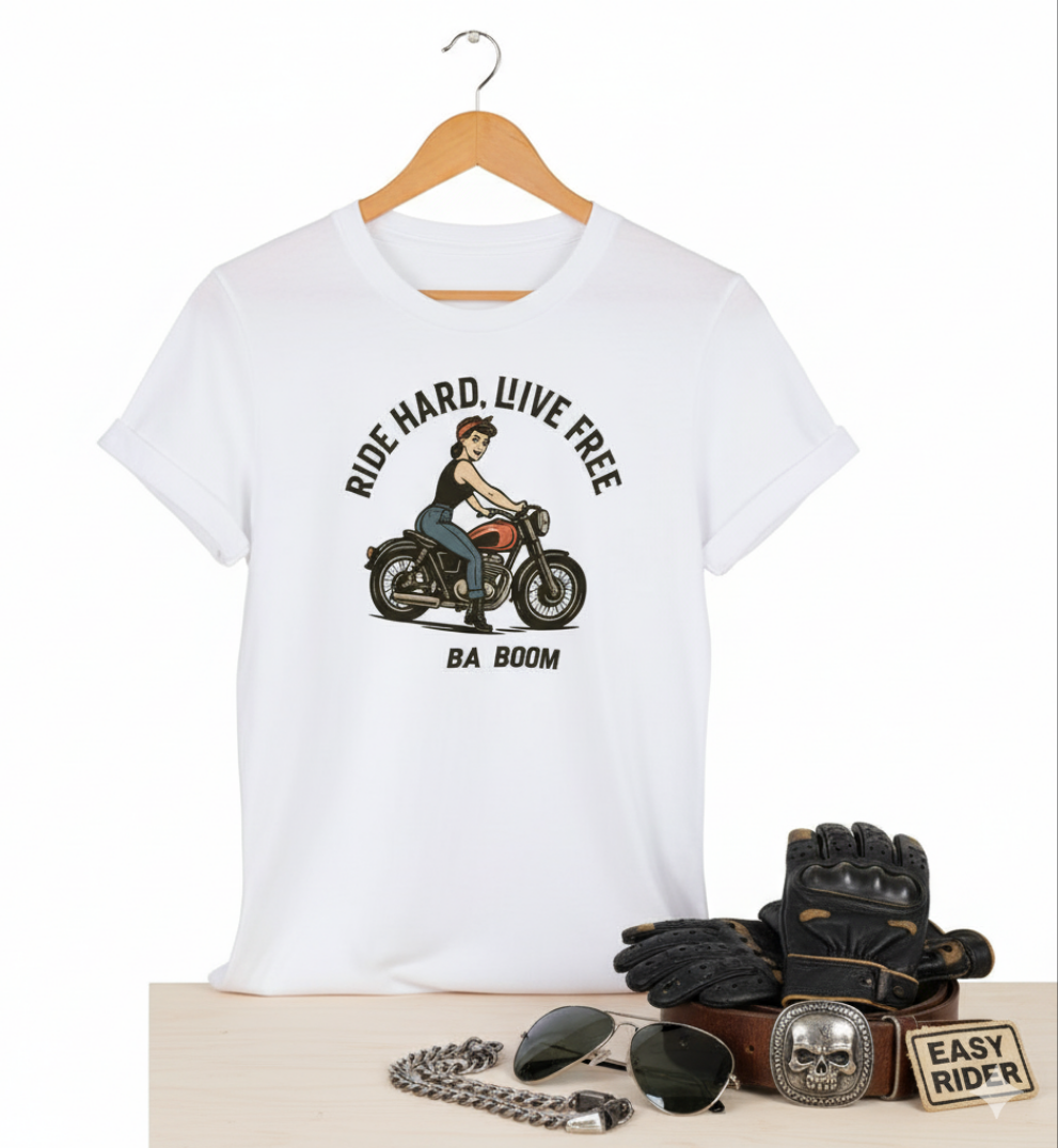 Camiseta Motera para Mujer - Diseño Vintage Pin Up            "Ride Hard Live Free"