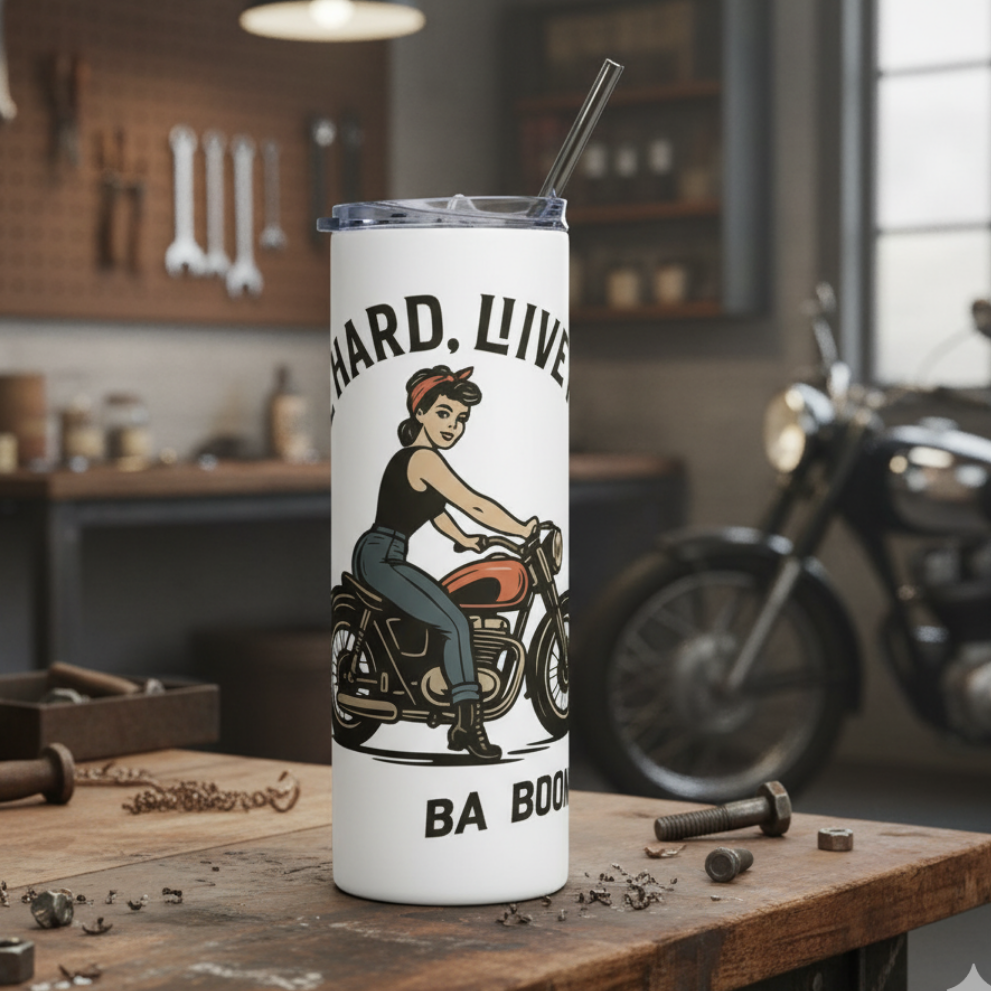 Vaso de Acero Inoxidable Motera - Botella Térmica Pin Up         "Ride Hard Live Free"