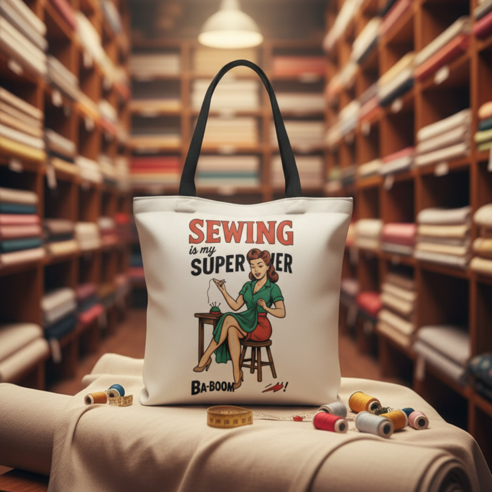 Bolso Tote para Costura y Labores - Bolsa de Tela Pin Up "Sewing is my superpower"