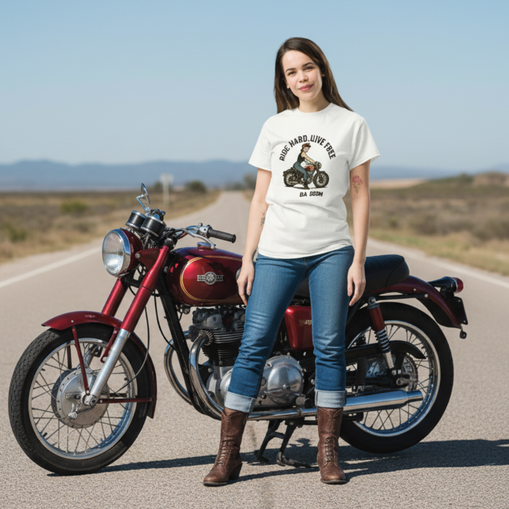 Camiseta Motera para Mujer - Diseño Vintage Pin Up            "Ride Hard Live Free"