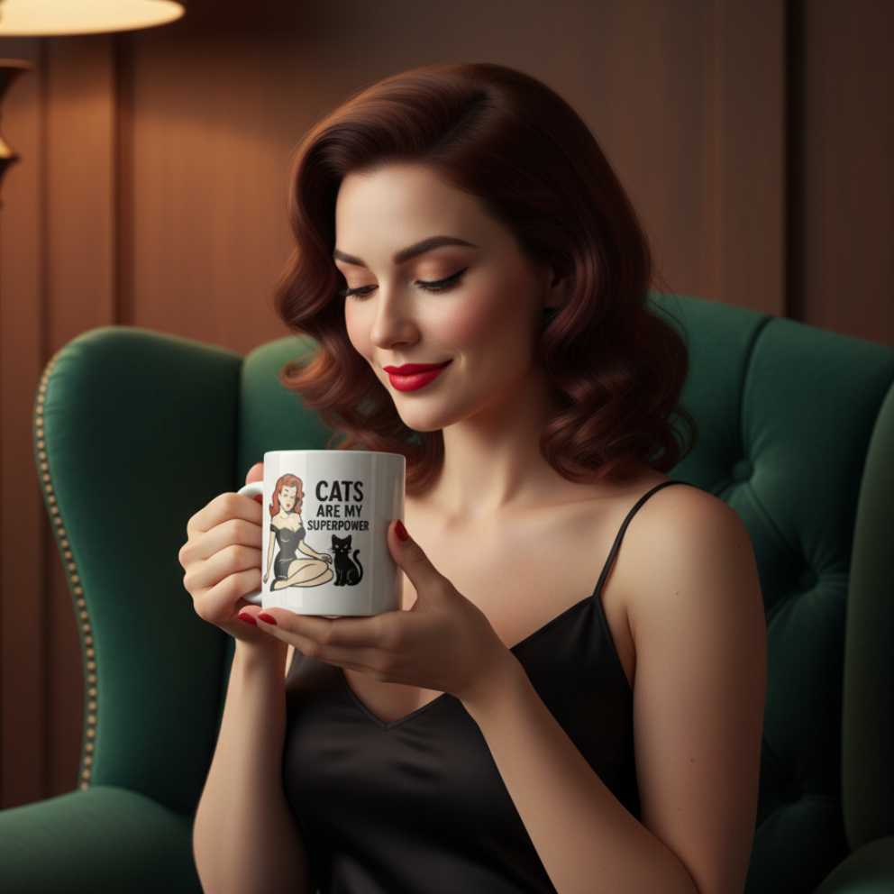Taza de Cerámica Gato Vintage   - Regalo Original Pin Up          "Cats Are My Superpower"
