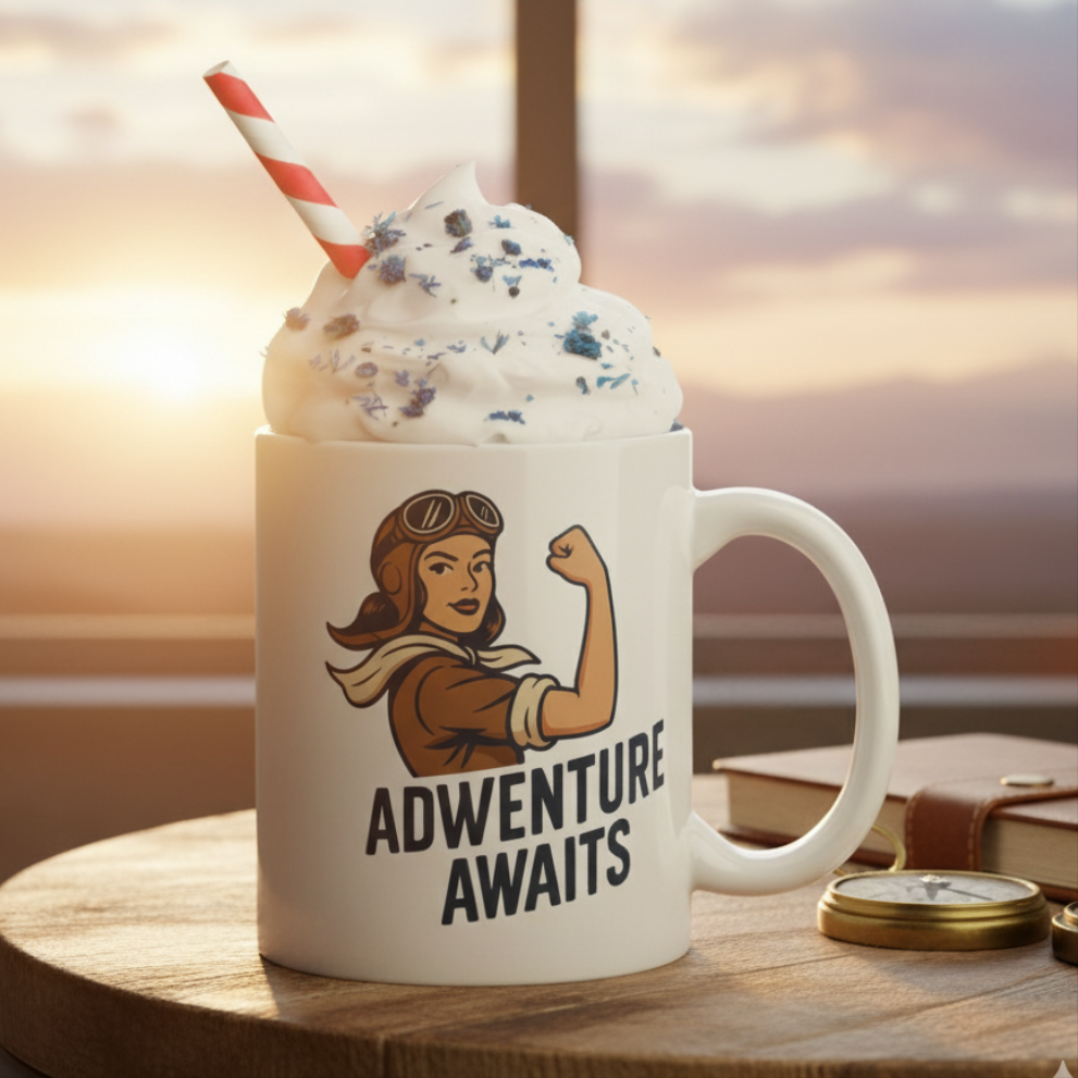 Taza de Cerámica Aventurera - Regalo Original Pin Up "Adventure Awaits"