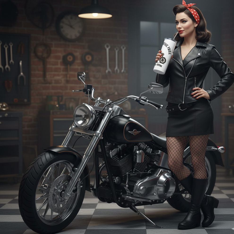 Vaso de Acero Inoxidable Motera - Botella Térmica Pin Up         "Ride Hard Live Free"