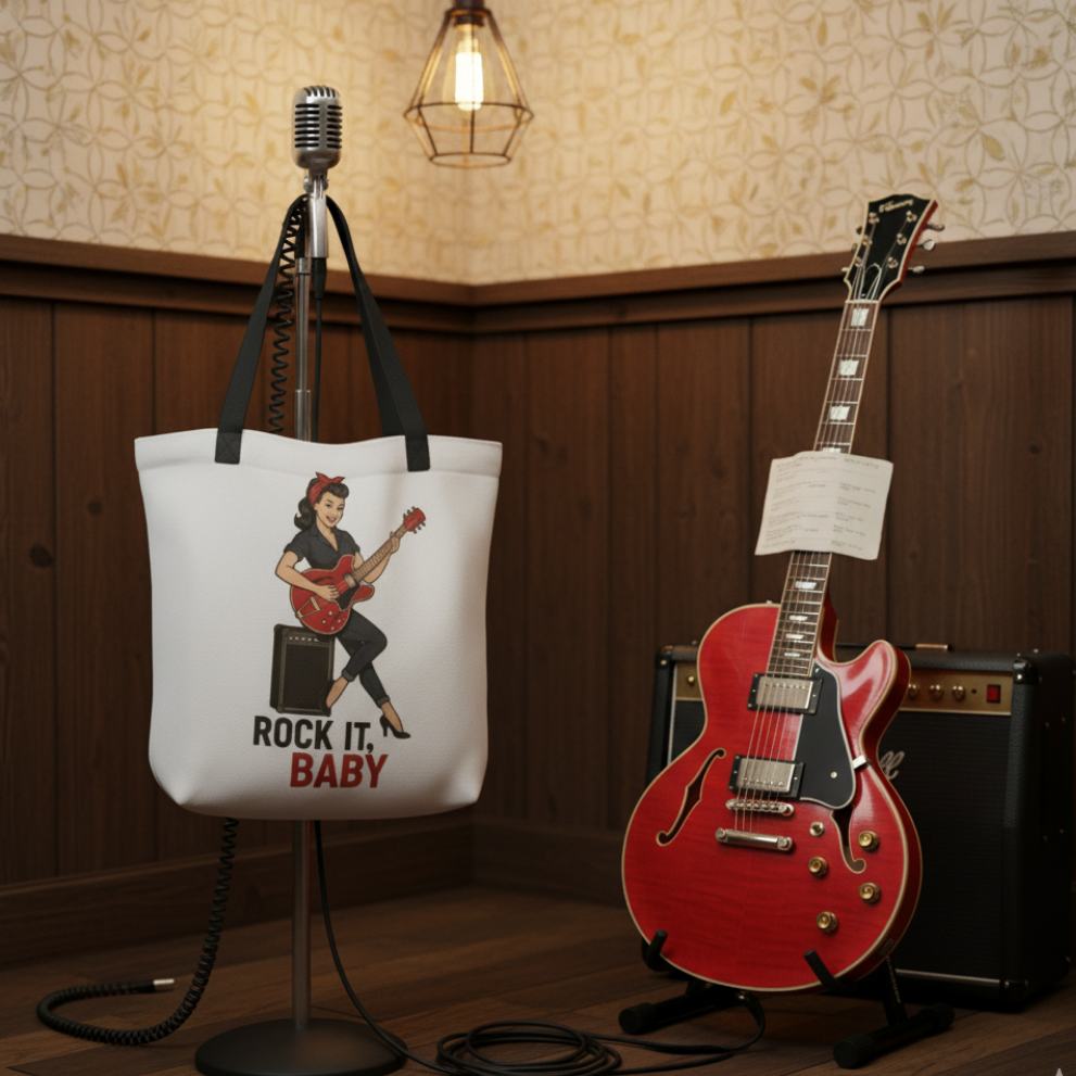 Bolso Tote Rockero para Discos y Música - Estilo Pin Up             "Rock It, Baby"