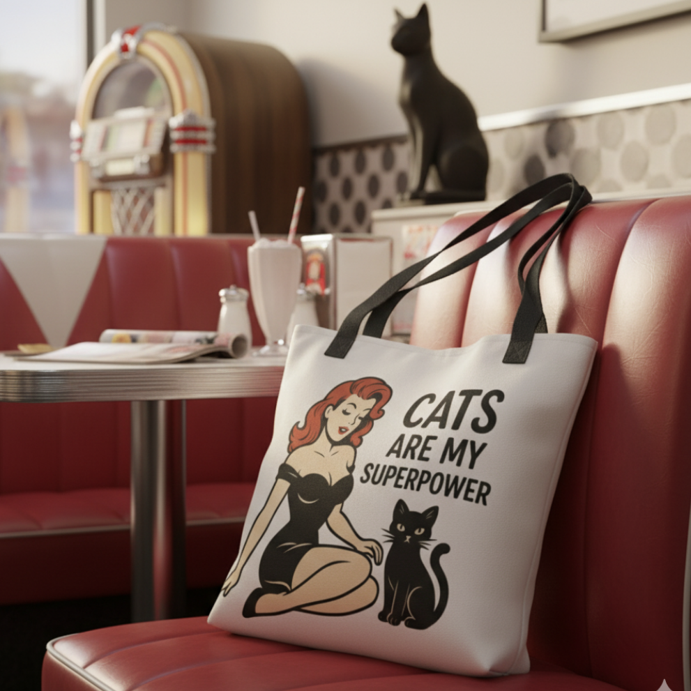 Bolso Tote para Amantes de los Gatos - Estilo Pin Up                  "Cats Are My Superpower"