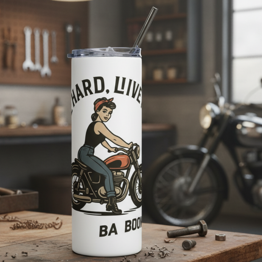 Vaso de Acero Inoxidable Motera - Botella Térmica Pin Up         "Ride Hard Live Free"