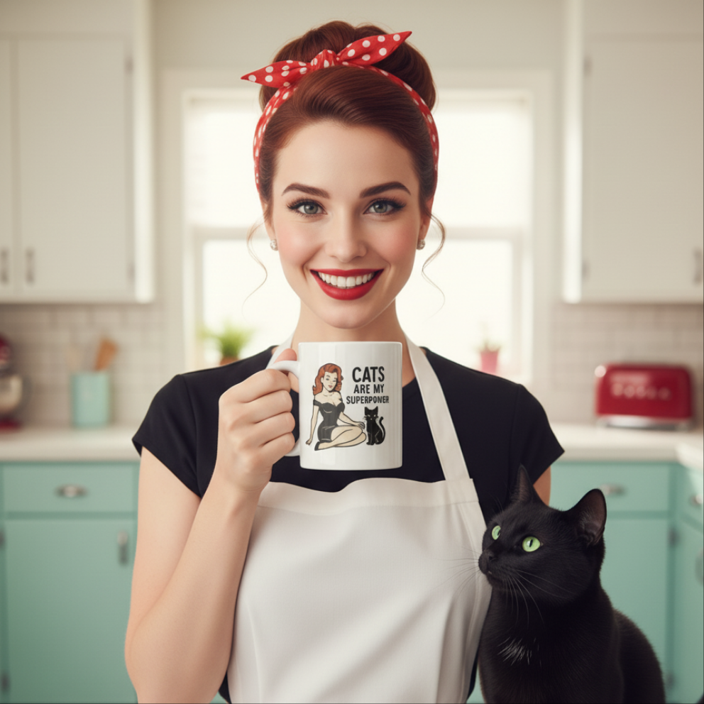 Taza de Cerámica Gato Vintage   - Regalo Original Pin Up          "Cats Are My Superpower"