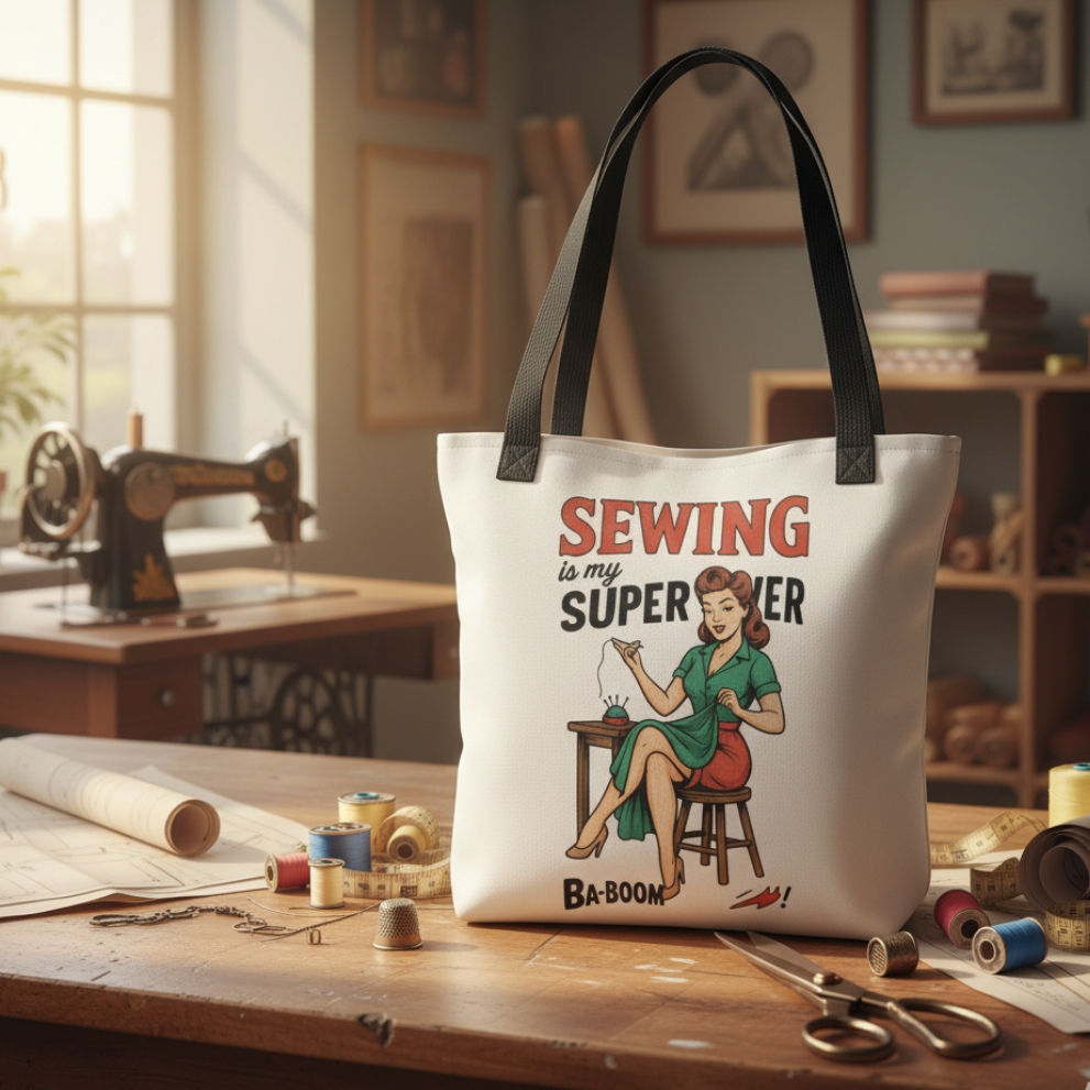 Bolso Tote para Costura y Labores - Bolsa de Tela Pin Up "Sewing is my superpower"