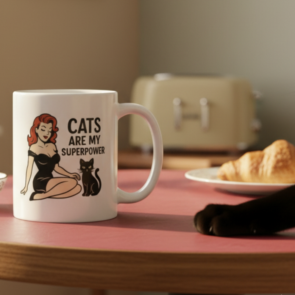 Taza de Cerámica Gato Vintage   - Regalo Original Pin Up          "Cats Are My Superpower"