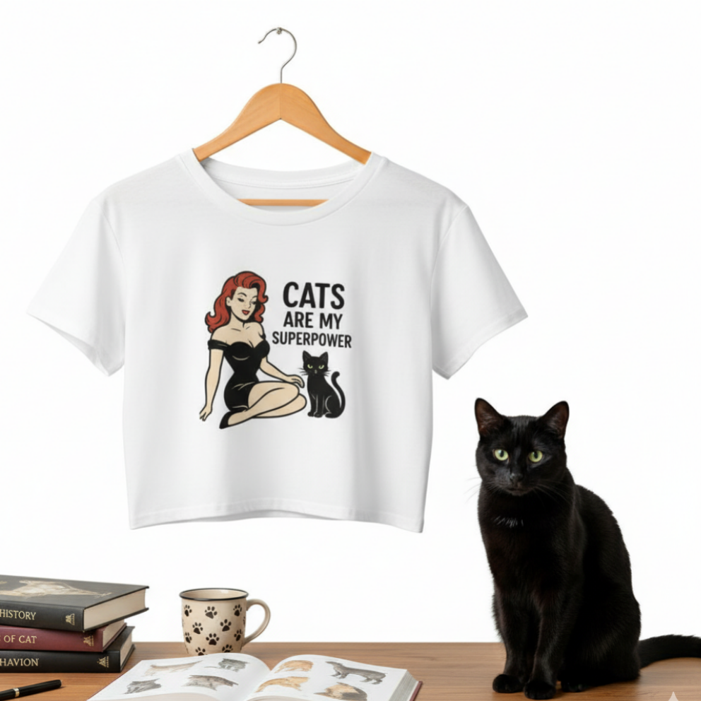 Crop Top de Gato para Mujer - Camiseta Corta Retro Pin Up "Cats Are My Superpower"