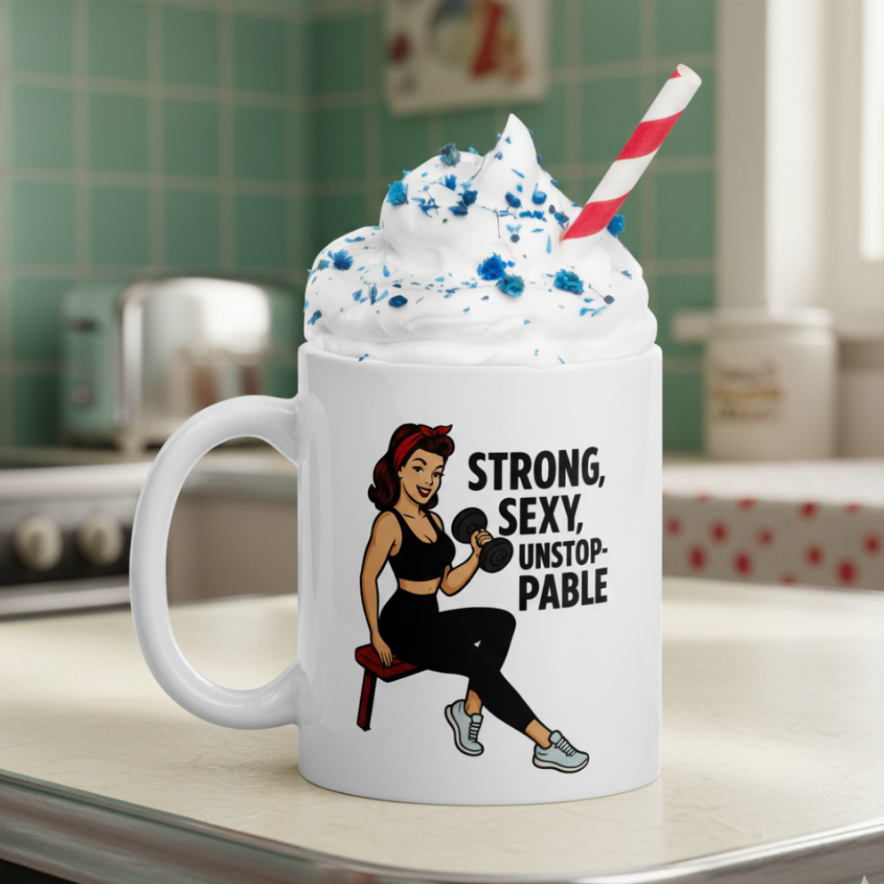 Taza de Cerámica Fitness - Diseño Pin Up                     "Strong, Sexy, Unstoppable"