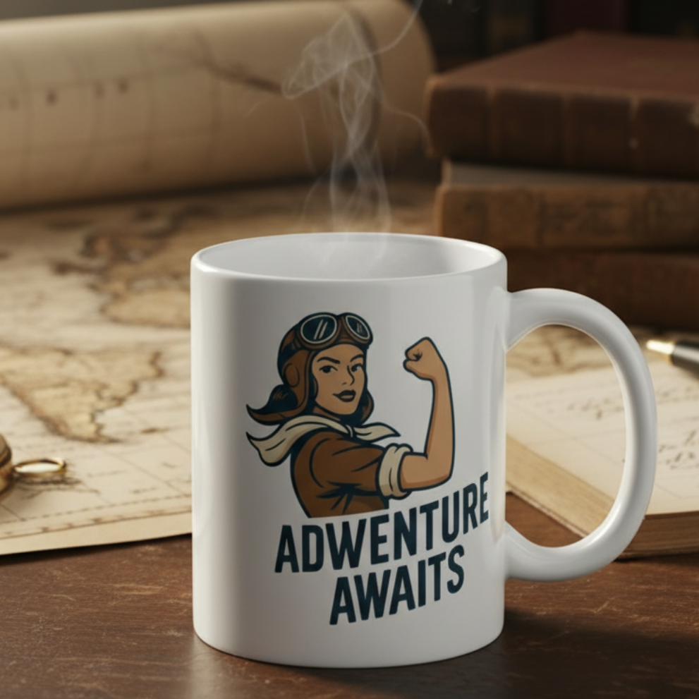 Taza de Cerámica Aventurera - Regalo Original Pin Up "Adventure Awaits"