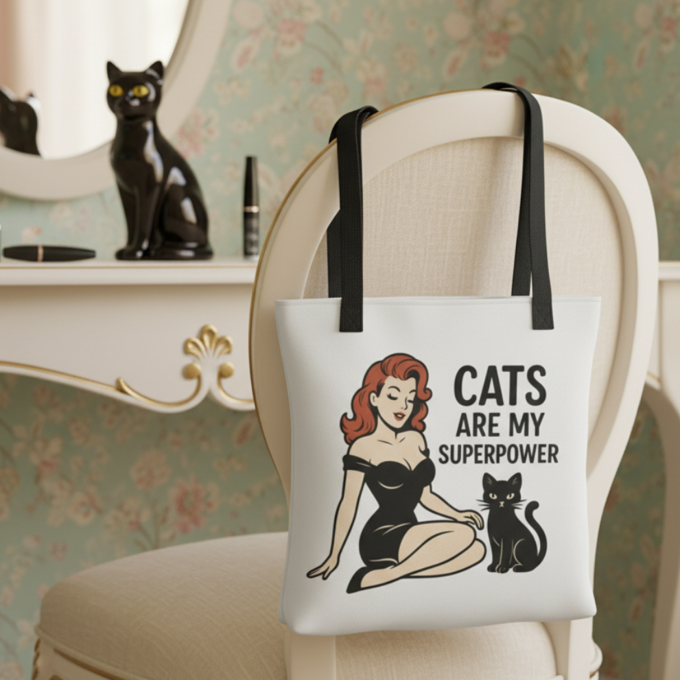 Bolso Tote para Amantes de los Gatos - Estilo Pin Up                  "Cats Are My Superpower"