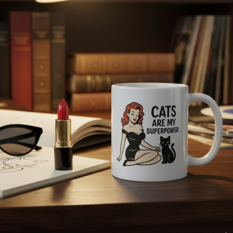 Taza de Cerámica Gato Vintage   - Regalo Original Pin Up          "Cats Are My Superpower"