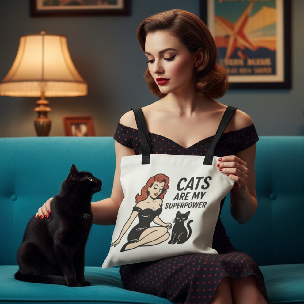 Bolso Tote para Amantes de los Gatos - Estilo Pin Up                  "Cats Are My Superpower"
