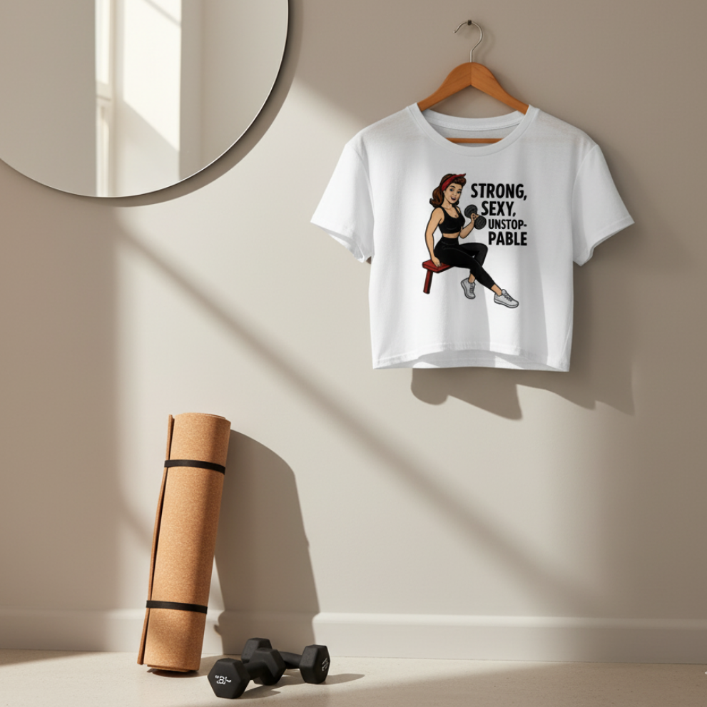 Crop Top Fitness para Mujer - Camiseta Corta Retro         "Strong, Sexy, Unstoppable"