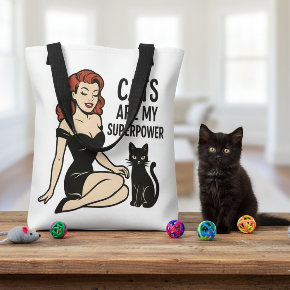 Bolso Tote para Amantes de los Gatos - Estilo Pin Up                  "Cats Are My Superpower"