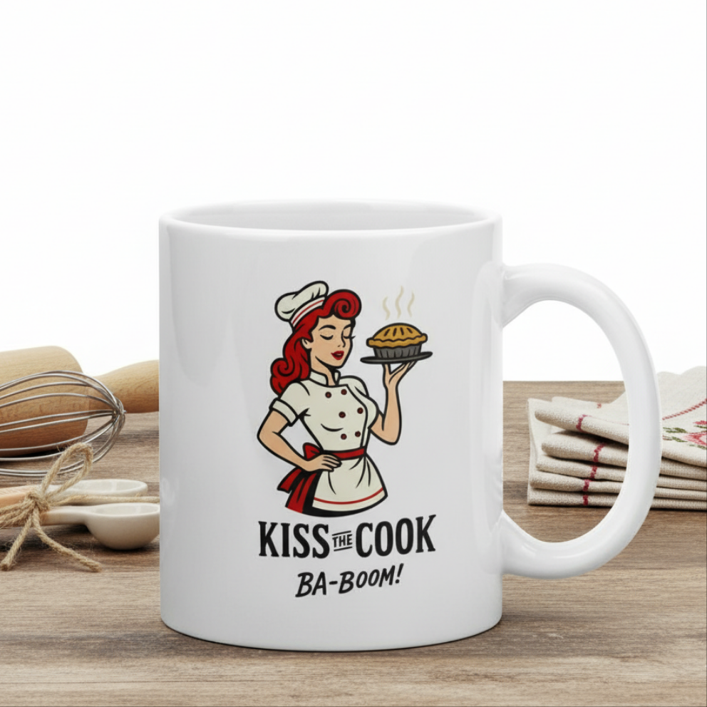 Taza de Cerámica Cocinera Retro - Regalo Original Pin Up          "Kiss the Cook Ba-Boom"