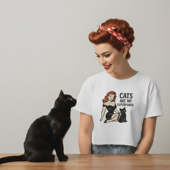 Crop Top de Gato para Mujer - Camiseta Corta Retro Pin Up "Cats Are My Superpower"