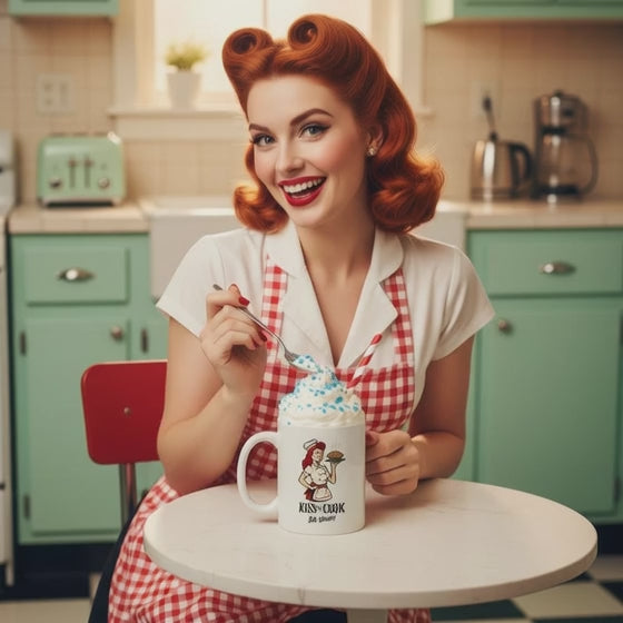 Taza de Cerámica Cocinera Retro - Regalo Original Pin Up          "Kiss the Cook Ba-Boom"