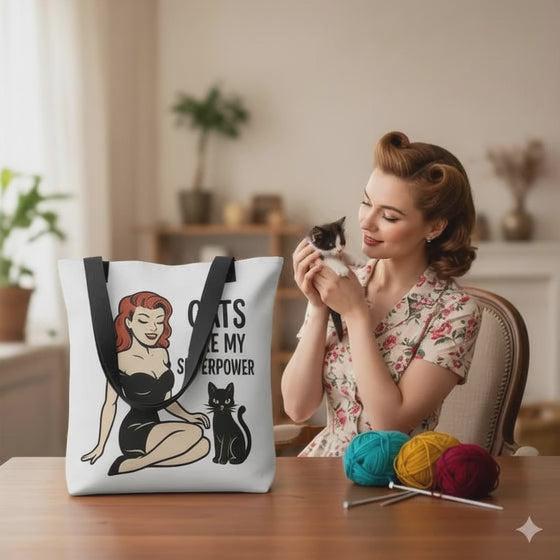 Bolso Tote para Amantes de los Gatos - Estilo Pin Up                  "Cats Are My Superpower"