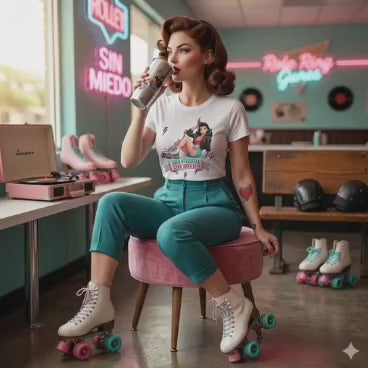 Camiseta de Patinaje Artístico para Mujer                                      - Diseño Pin Up                            "Sin Freno, Sin Miedo"