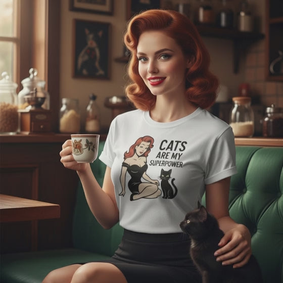 Camiseta de Gato para Mujer       - Diseño Vintage Pin Up        "Cats Are My Superpower"