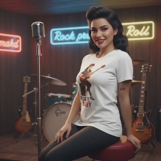 Camiseta Rockabilly para Mujer - Diseño Vintage Pin Up              "Rock It, Baby"