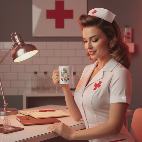 Taza de Cerámica Enfermera Retro - Regalo Sanitario Pin Up "Feel Better Ba-Boom"