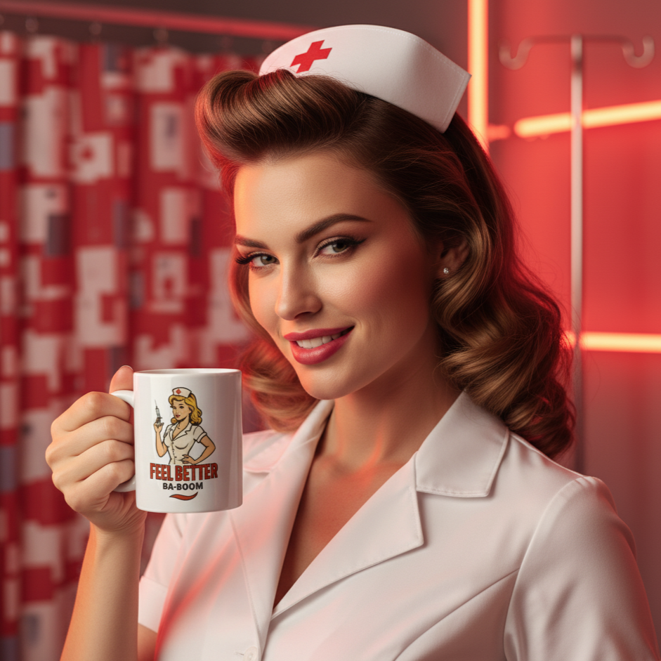 Taza de Cerámica Enfermera Retro - Regalo Sanitario Pin Up "Feel Better Ba-Boom"