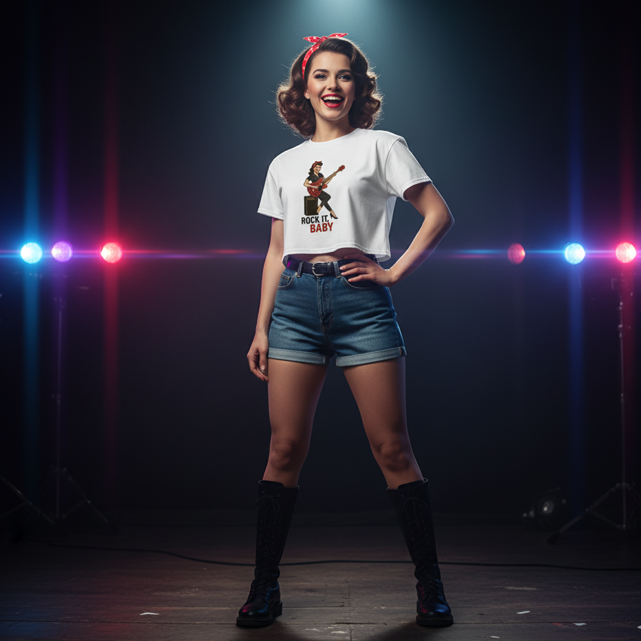 Crop Top Rockera para Mujer - Camiseta Corta Retro Pin Up "Rock It, Baby"