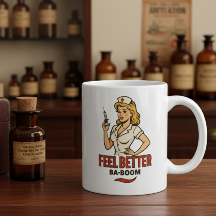 Taza de Cerámica Enfermera Retro - Regalo Sanitario Pin Up "Feel Better Ba-Boom"