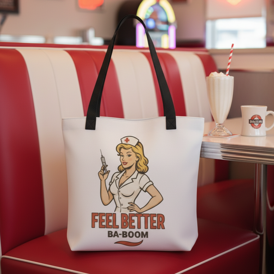 Bolso Tote para Enfermera - Bolsa de Tela Estilo Pin Up     "Feel Better Ba-Boom"