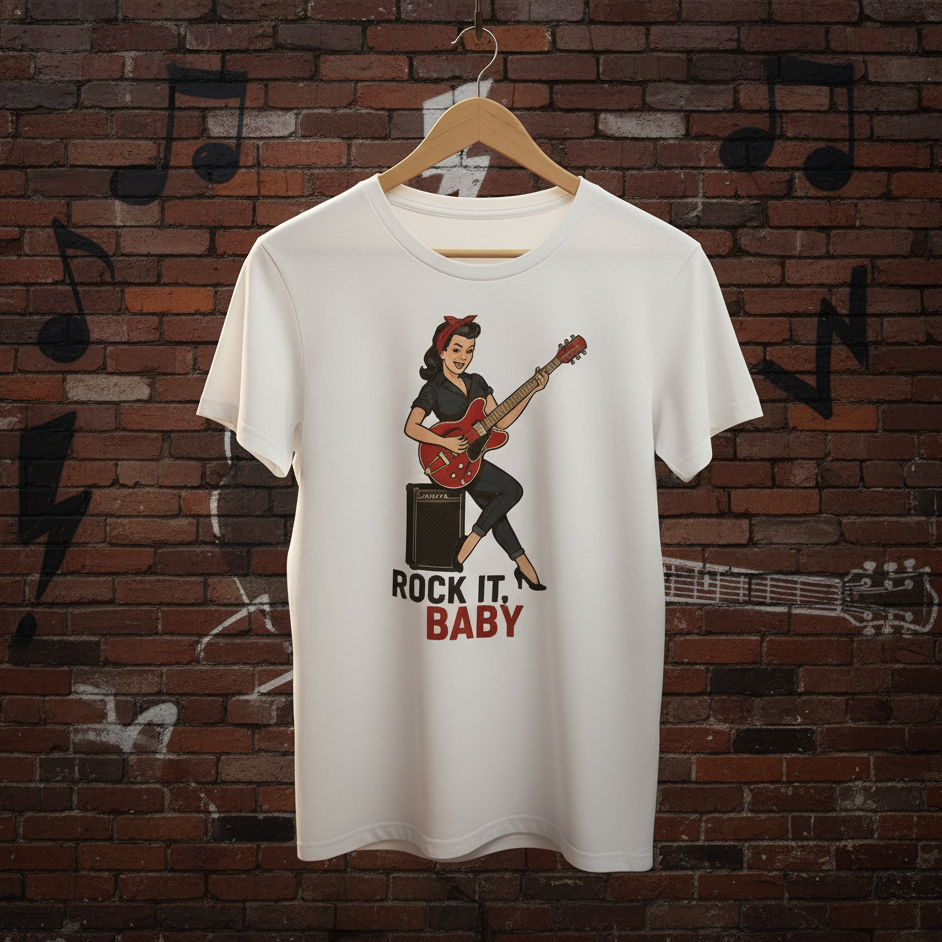 Camiseta Rockabilly para Mujer - Diseño Vintage Pin Up              "Rock It, Baby"