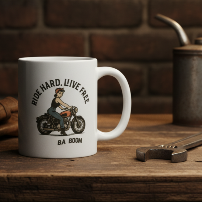 Taza de Cerámica Motera Vintage - Regalo para Mujer Pin Up "Ride Hard Live Free"
