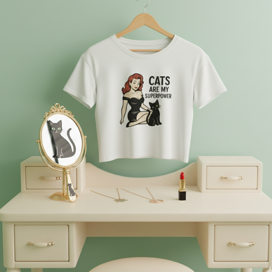 Crop Top de Gato para Mujer - Camiseta Corta Retro Pin Up "Cats Are My Superpower"